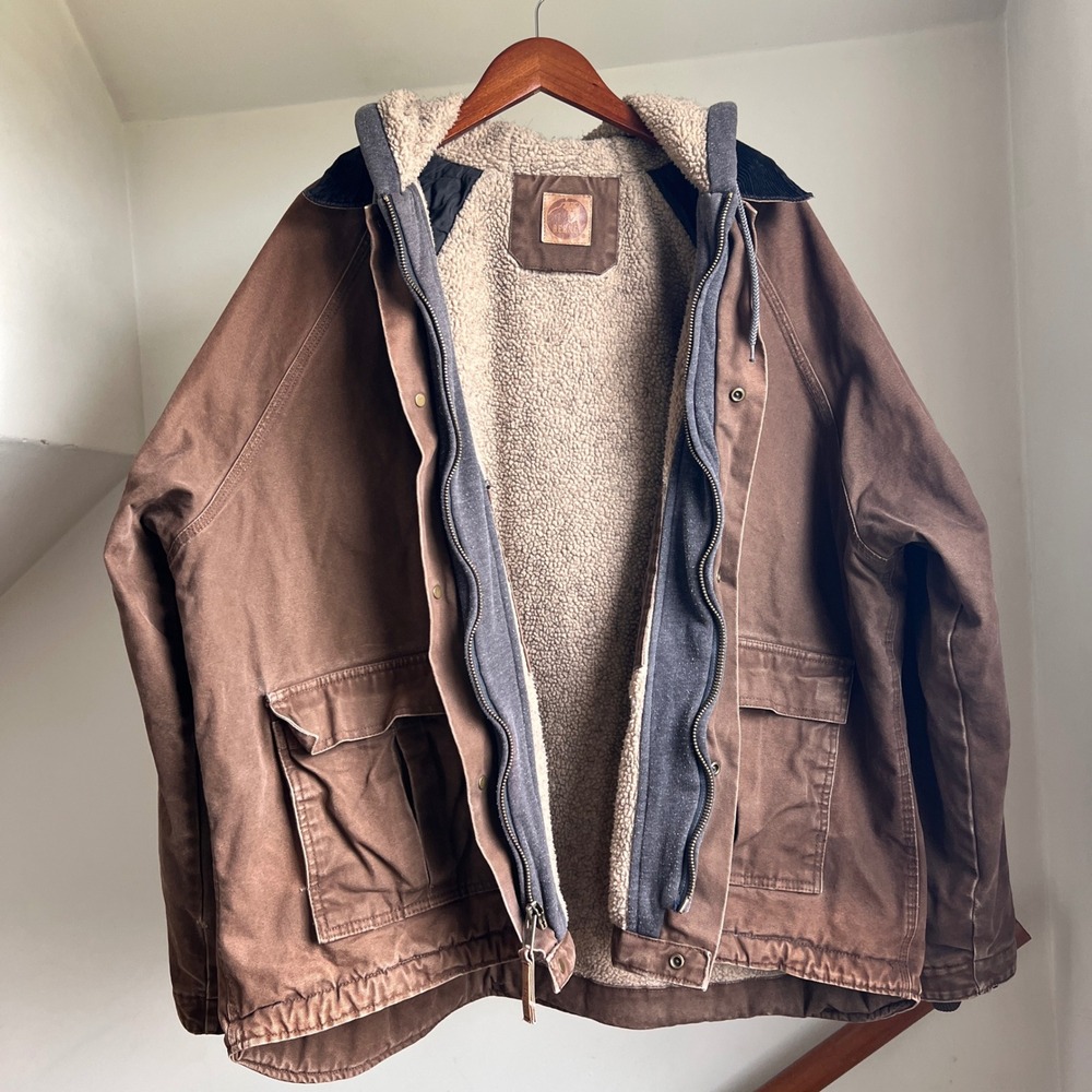 Vintage Berne Hooded Work Jacket Size XXL Brown Sherpa Duck Canvas Utility Coat